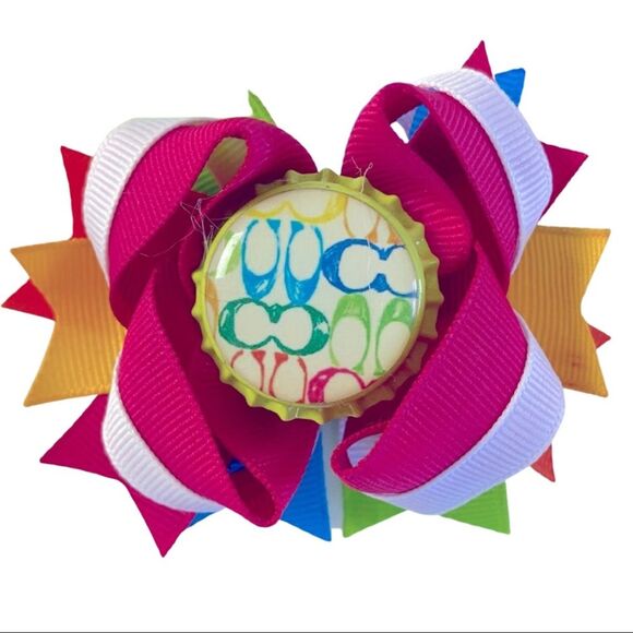 Bright Colorful Coach Inspired Layered Boutique Hair Bow Clip Bottle Cap Center - Picture 1 of 8